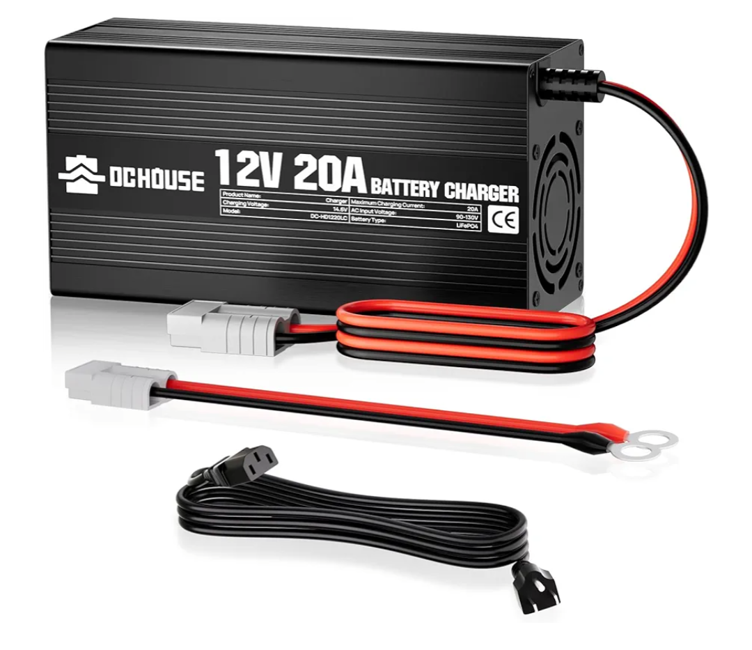 DC HOUSE 12V 20A Lithium Battery Charger, 14.6V LiFePO4 Charger with Battery Quick Connector & LED Indicator, Smart 300W Fast Charging for 12V Boat/RV Battery, Solar Systems, Off Grid, Homes