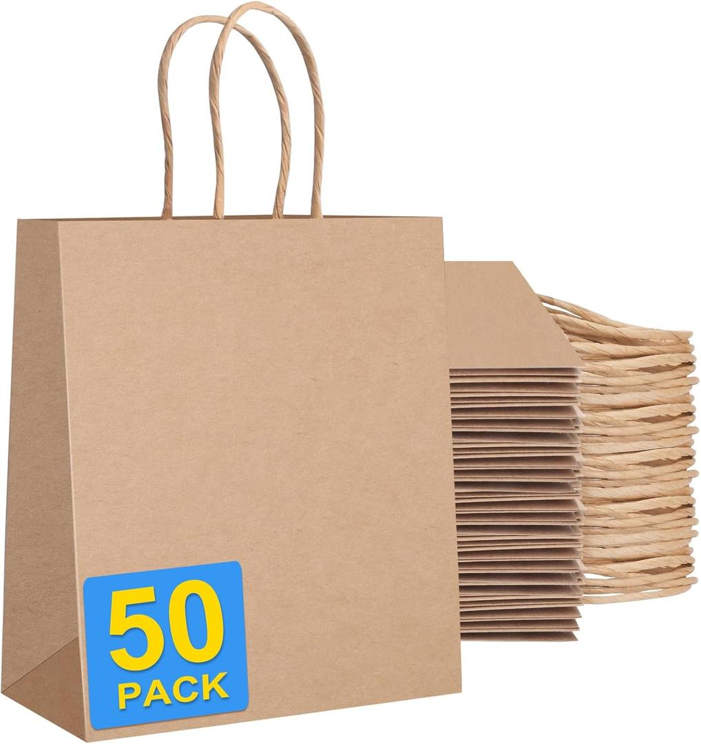 OCEUMAOA 50Pcs Brown Paper Bags with Handles Kraft Paper Gift Bags Bulk Shopping Bag Small Gift Business Goody Grocery Craft Bag 8.27x4.33x10.63 Inch
