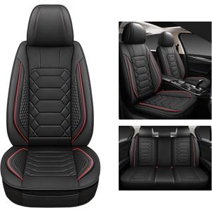 Leather Car Seat Covers Full Set, Waterproof Faux Leather Seat Covers for Cars, Non-Slip Car Interior Covers Universal Fit for Most Cars Sedans Trucks SUVs, Black/Red