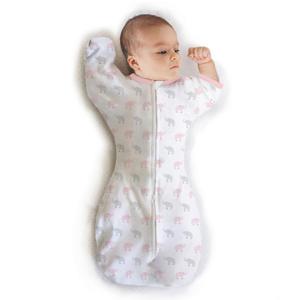 Amazing Baby Transitional Swaddle Sack with Arms Up Half-Length Sleeves and Mitten Cuffs, Medium, 36 months, 14-21 lbs, Tiny Elephants, Pink (Arms Up Swaddle, Transition Swaddle Sleep Sack)