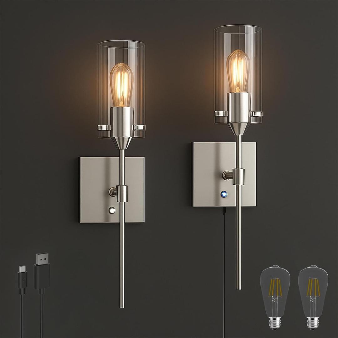 Dimmable Battery Operated Wall Sconce No Wired, Rechargeable Wall Light Fixture, Easy to Install Wireless Wall Mount Lamp for Living Room Bedside Hallway Lounge Mirror, Bulb Included (Nickel)