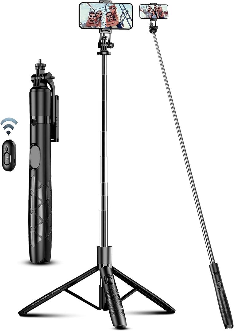 71" Phone Tripod & Selfie Stick, All in One Extendable Cell Phone Tripod with Wireless Remote, Tripods Stand for iPhone & Travel Selfie Stick 360 Rotation Compatible with iPhone Android, Camera (Black)