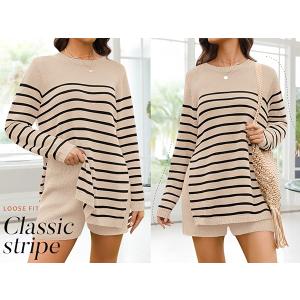 NENONA Women's Spring Summer Sweater Sets 2 Piece Beach Vacation Outfits Long Sleeve Casual Tops & Shorts Loungewear (XL, Loose Fit, Classic Stripe)