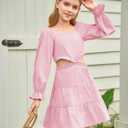 Haloumoning Girls Dresses Long Sleeve Square Neck Crossover Waist Casual A-Line Spring Fall Dress 5-14Y (Pink)