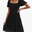 PRETTYGARDEN Womens Summer Puff Sleeve Mini Dress Off Shoulder Eyelet Smocked A Line Casual Babydoll Short Dresses M
