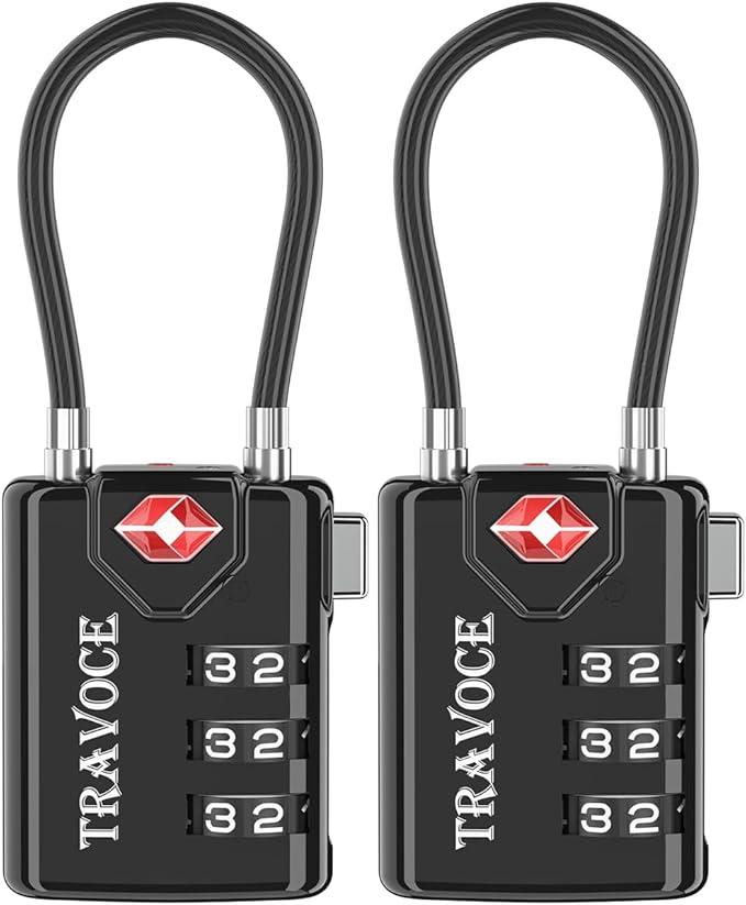 TRAVOCE TSA Approved Luggage Locks  Heavy Duty 3 Digit Combination Cable Lock, Search Alert for Suitcases, Backpacks, Golf Bags, Tents, Violin and Camera Cases, 2 Pack, Black