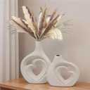 Cream White Ceramic Heart Shaped Vases Set of 2 | 8.5in Nordic Design, For Home Decor, Table Centerpiece, Wedding & Living Room, Bookshelf & Office & Entryway