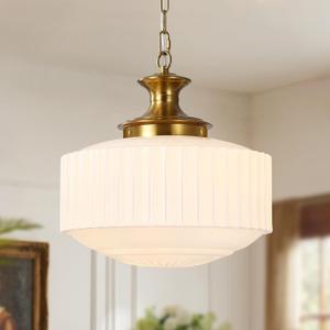 ACNKTZ 14" Vintage Pendant Light with Milk White Ribbed Glass Shade, Antique Brass Mid-Century Modern Hanging Chandelier Light Fixture for Kitchen Island, Dining Room, Entryway, Bedroom, E26 Base