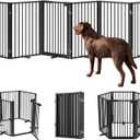 Full Metal Free Standing Dog Gate with Door for Indoor & Outdoor,120'' Extra Wide 32'' Tall Dog Gate for The Doorways,Large Openings,Decks,Porch,Pet Freestanding Safety Fence(6 Panels,Black)