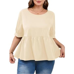 MakeMeChic Women's Plus Size Peplum Tops Short Sleeve Loose Blouse Ruffle Asymmetrical Hem Shirts (Beige, XXL)