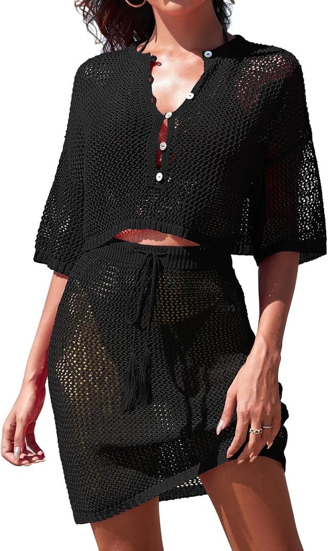 Pink Queen 2 Piece Crochet Swimsuit Cover Ups for Women Hollow Out Knitted Bathing Suit Coverup Beach Crop Top and Skirt Sets (Large, Black)