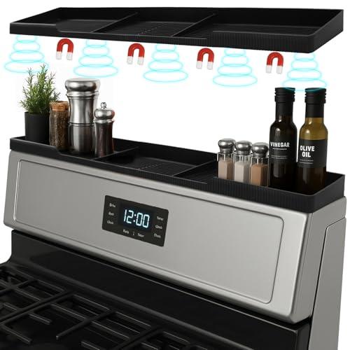 Silicone Magnetic Stove Shelf For Back Of Stove - Over The Stove Shelf, Magnetic Stove Top Shelf, Over The Stove Spice Rack, Oven Shelf For Top Of Stove, Heat Resistant, Includes 6 Extra Plates, Black