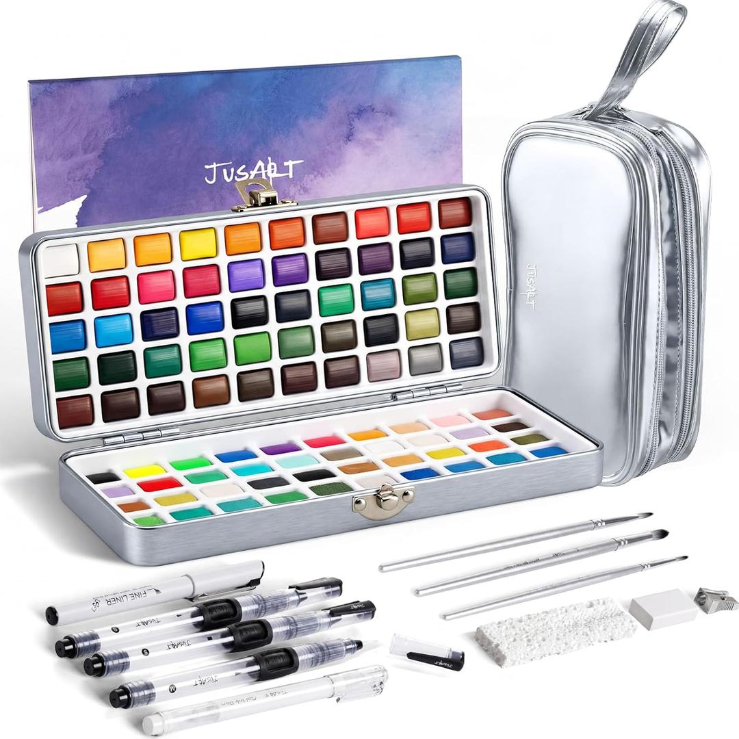 JusArt 100 Colors Watercolor Paint Set,Travel Watercolor Set with Handbag,Art Supplies with Metallic Color, Detail Painting Brushes, Water Brush Pens, Portable Watercolor Supplies for Adult, Artists, Professionals