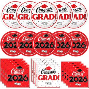 Graduation Decorations 2026, 200 Pcs Class of 2026 Graduation Party Supplies Kit with Paper Plates, Luncheon and Cocktail Napkins, Congrats Grad Decorations for 50 Guests (Red)