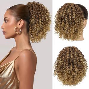 Lommel Drawstring Ponytail for Black Women,10 Inch Ponytail Extension for Black Women Curly Pony Tails Hair Extensions for Women Afro Kinky Curly Hair Pieces for Daily Use(Brown and Honey Blonde)