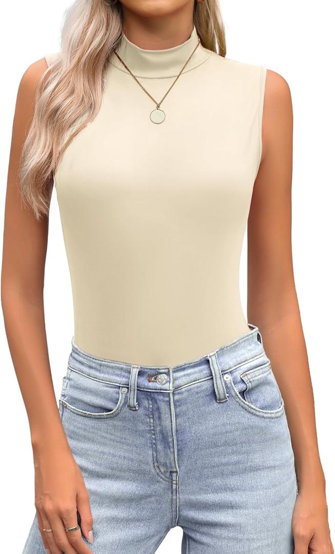 Zeagoo Womens Mock Turtleneck Tank Tops 2026 Slim Fitted Sleeveless Top Stretchy Basic Casual Layer Tee Shirts (Large, Beige)