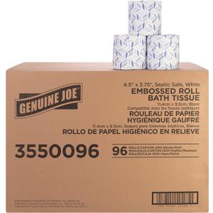 Genuine Joe Embossed Bath Tissue, 2-Ply, Septic Safe, Individually Wrapped, 4.5" x 3.75", 500 Sheets/Roll, 96 Count