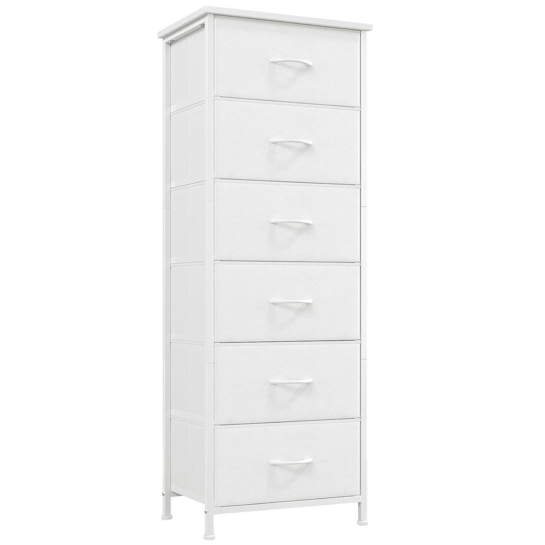 Somdot Tall Dresser for Bedroom with 6 Drawers and Side Pockets, Storage Organizer Chest of Drawers with Fabric Bins for Closet Bedside Nursery Living Room Entryway Hallway, White Leather