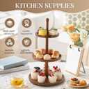 BURMAN Cupcake Stand Dessert Table Display Set 2 in 1 Adjustable Height Rustic Natural Acacia Cupcake Holder Round Wood Tray Three Tiered Serving Stand with Rotating Wheels, Anti Slip Stickers