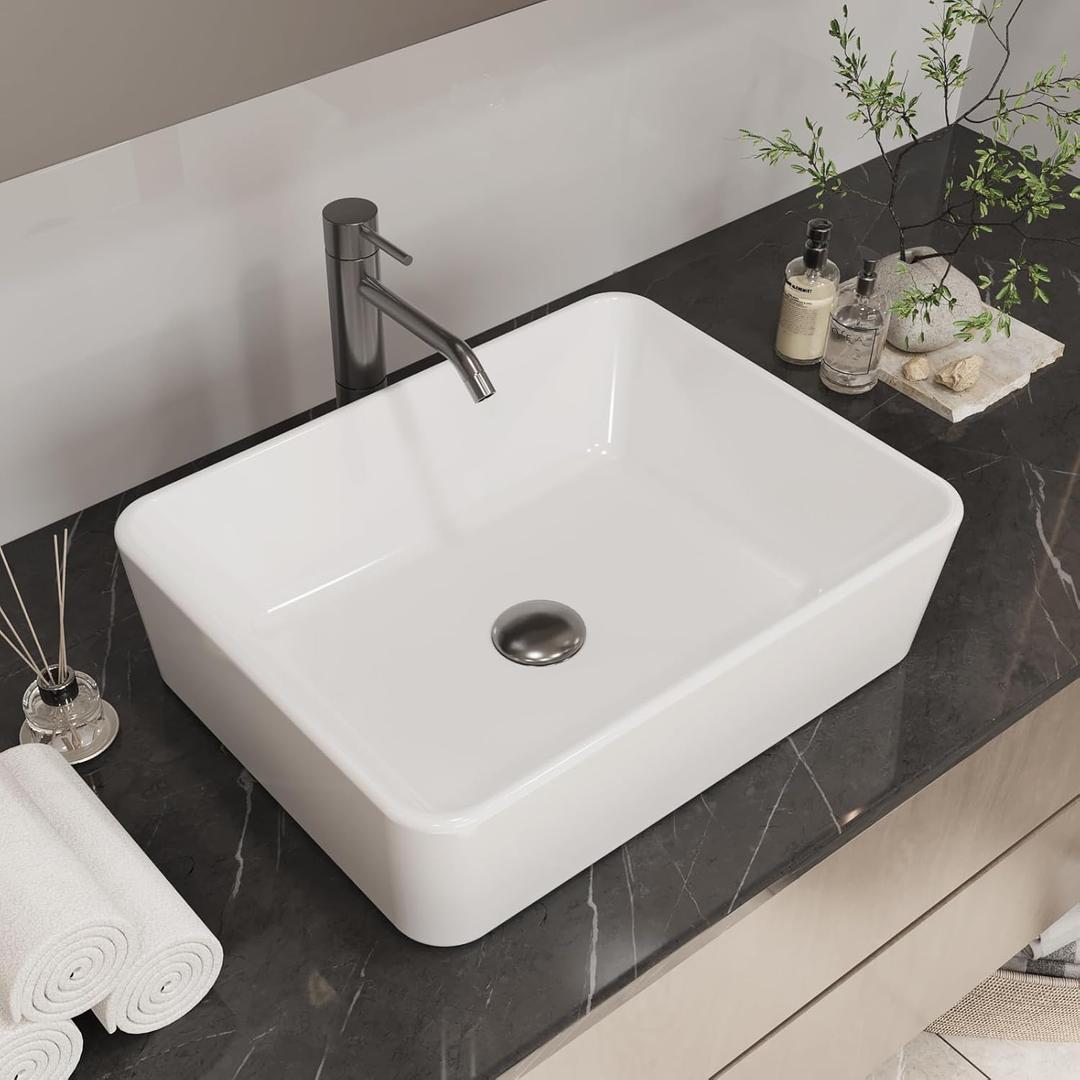 Bathroom Vessel Sink, 19"X15" Rectangular Bathroom Sinks Above Counter, White Porcelain Ceramic Modern Vanity Sink Rectangle Art Basin