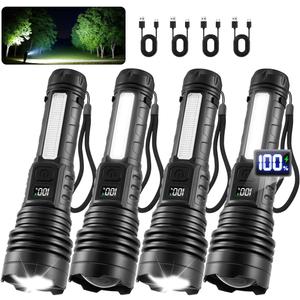 4Pack Flashlights High Lumens 9900FL, 7Mode Flashlight Rechargeable with LCD Digital Display, Rechargeable Flashlights with COB Light, Adjustable Super Bright Flashlight, Powerful Tactical Flash Light