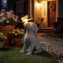 Lyeasw Dog Solar Statues with Butterfly - Waterproof Gray Dog Garden Decor for Patio, Yard, Porch- Cute Puppy Figurines with Solar LED Lights for Outdoor Decor, Pet Memorial Gift