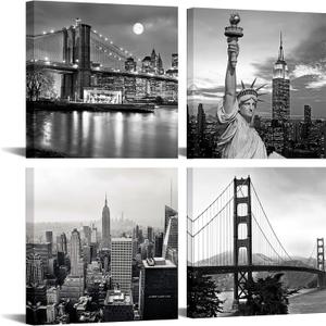 LevvArts Black and White City Wall Art Modern Brooklyn Bridge Picture Prints US Cityscape Canvas Artwork for Bedroom Home Decor
