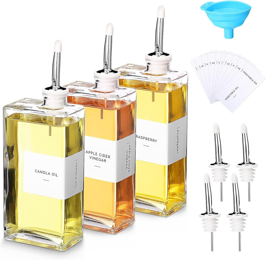 3 Sets Olive Oil Dispenser Bottles for Kitchen with Nozzles Funnel Labels Cooking Oil Dispenser 500ml Set for Kitchen Vinegar Coffee Syrup (Silver)