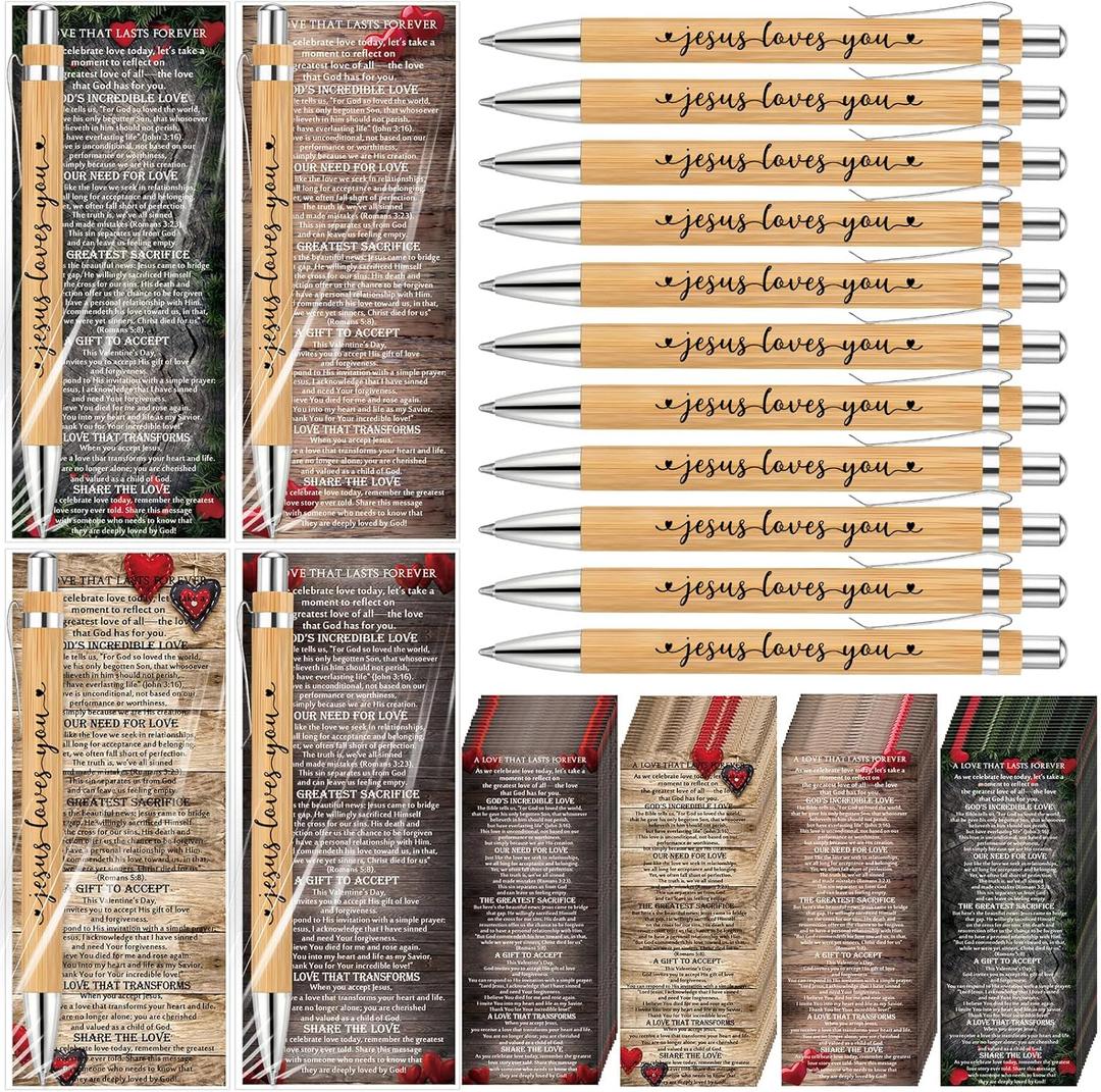 Fullhawl 60 Sets Christian Gift Bulk Religious Jesus Love You Bamboo Pen Bible Verse Card Bookmark Scripture for Church Members, Teacher Employee Sunday School Easter Mother Day (Wood Color)