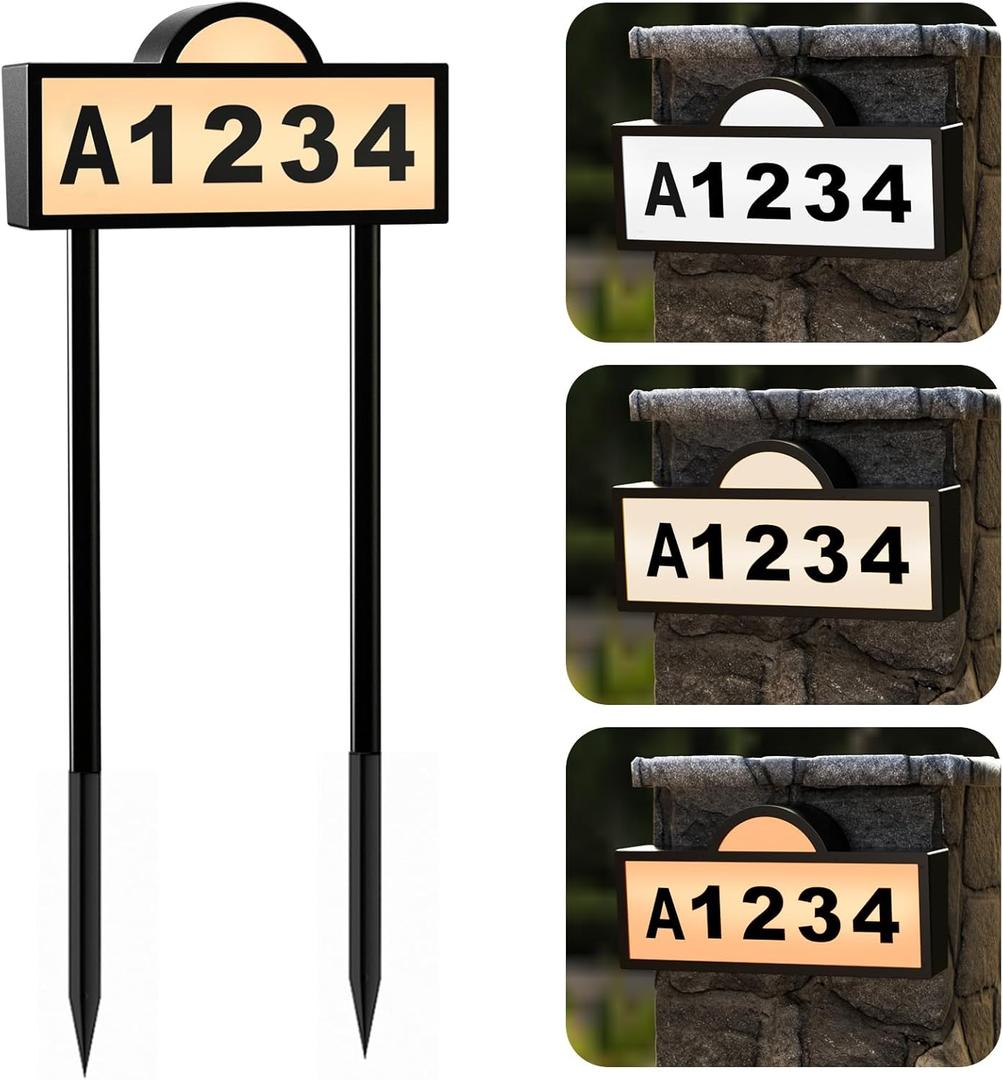 Quntis House Numbers for Outside, Waterproof Solar Address Signs for House Light Up, Cold/Warm/Daylight White Address Plaque Outdoor LED Illuminated, Wall Mounted/In Ground 2 Ways for Home Yard Street