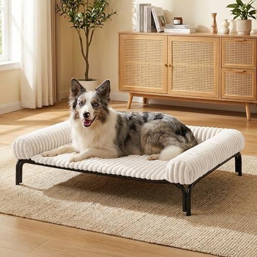 Elevated Dog Bed with Removable Fluffy Pillow Cushion, Raised Pet Cot Washable Bolster, Dog Couch Sofa, Anti Slip Feet, Cream, 36"×26"