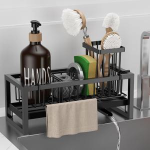 Kitchen Sink Caddy Organzier with Towel and Brush Holder, Self-Draining Sponge Holder Caddy for Soap, Scrubber, Towel, Brush, Apartment RV Essential(Black)