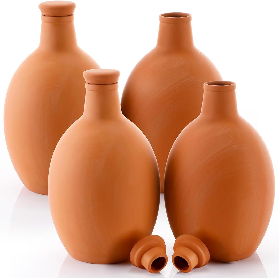 4 Pcs Large Terracotta Watering Pots 50 oz Ollas Self-Watering Pots with Lids Terracotta Watering Globes Bulk Plant Irrigation System for Indoor Outdoor Plants Garden Beds