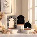 Gerrii 3 Pcs Ramadan Tabletop Decoration Eid Mubarak Islamic Decors Acrylic Ramadan Display Stand Set with Wooden Base for Home & Mosque Decoration, Black Eid Mubarak Display