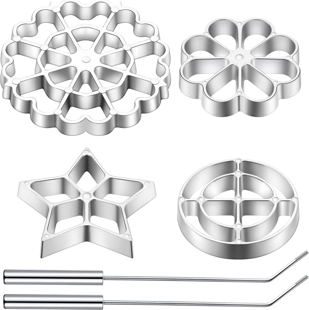 6 Pcs Rosette Iron Mold Set Bunuelos Mold with Handle Cooking Stamp Maker Kit Cookie Cutter Aluminum Alloy Waffle Maker with 3 Interchangeable Head Star Flower Circle(Aluminum)