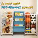 Kids Dual-Side Toy Storage and 3-Tier Bookshelf  Montessori Toddler Organizer with Divided Left and Right Toy Bins & Bookcase for Nursery, Playroom (White & Blue)