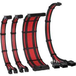 EZDIY-FAB PCIE 5.0 12VHPWR Sleeved Cable Kit, 16AWG Power Supply Cable Extension, PC PSU Sleeved Cable, 24PIN-ATX/(4+4) PIN-EPS/(12+4) PIN to 3X 8 PIN PCIE- RTX4080/4070Ti Extension Cable- Black/Red