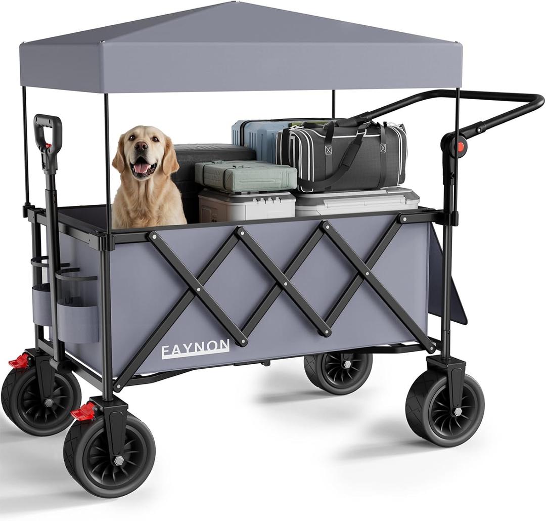 3 in 1 Collapsible Wagon with 300lbs Weight Capacity,150L Heavy Duty Utility Cart with Removable Canopy, with Big All-Terrain Beach Wheels & Drink Holders, Gray