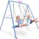 PANGU Crown 2-in-1 Swing & Hammock, 460lbs 2 Seat Swing Sets for Backyard, Outdoor Kids Swing Set Heavy-Duty Metal,1 Saucer and 1 Belt for Outdoor Playground Park,Pink-BlueHammock not Included