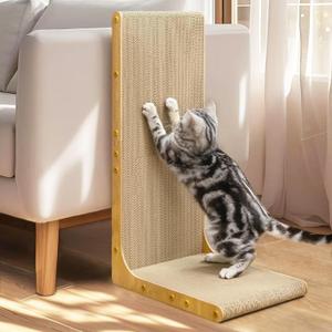 Cardboard Cat Scratcher,26 Inch L Shape Scratch Pad Wall Mounted,Vertical Scratching Board, Durable Cardboard to Protect Furniture for Indoor Cats,Wood Grain Junbo