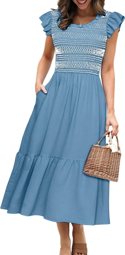 Simplee Womens Summer Midi Dress Casual Boho Smocked Waist Flutter Sleeve A Line Flowy Tiered Dress with Pockets, M