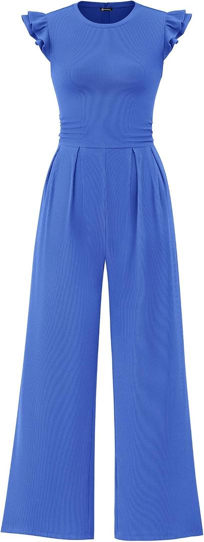 PRETTYGARDEN Womens Summer Jumpsuits Dressy Casual Crew Neck Rib Knit One Piece Outfits Ruffle Cap Sleeves Romper(Brilliant Blue,Large)