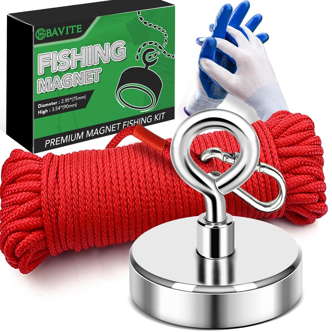 E BAVITE Fishing Magnet Kit Heavy Duty, 700LB Rare Earth Magnet with Countersunk Hole Eyebolt, Large Fishing Kit Neodymium Magnets for Fishing and Lifting (75mm)