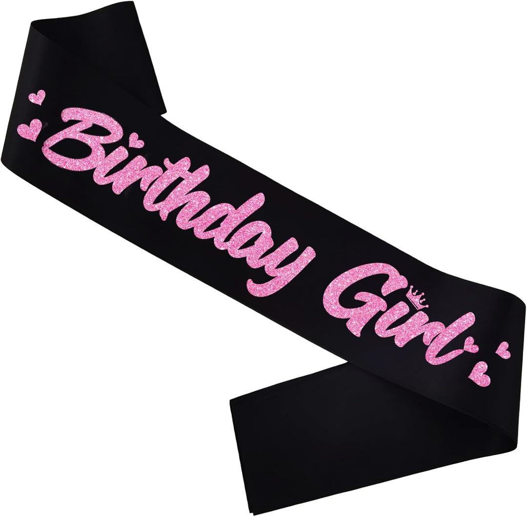 2 x Birthday Girl' Sash Black with Glitter Pink Letters-Birthday Sash for Women, Sweet 16, 18th 21st Birthday Party Favors Supplies