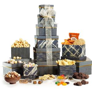 Broadway Basketeers Gourmet Food Gift Basket 6 Box Tower for Birthdays Curated Snack Box, Sweet and Savory Treats for Parties, Best Wishes, Birthday Presents for Women, Men, Mom, Dad, Her, Him
