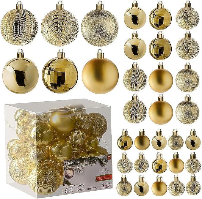 Prextex 36-Pieces Champagne Christmas Ornaments Set - Shatterproof, Festive Christmas Balls Decorations in 3 Sizes and 6 Styles with Hanging Loops for Tree, Wreath, and Dazzling Holiday Party Decor