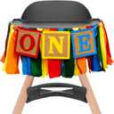 Upfirst Colorful One High Chair Banner - Building Block Themed Birthday Party Decorations Supplies,1st Birthday Photo Props,Cake Smash Party Rainbow Fabric Strips Banner