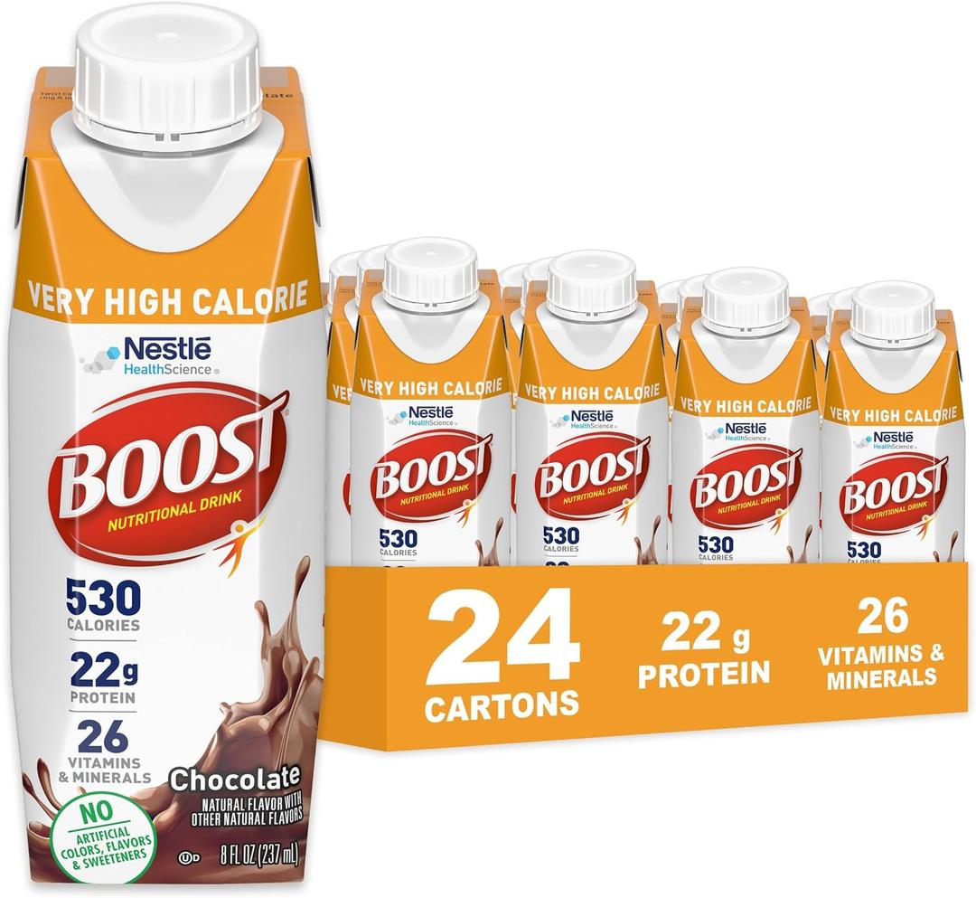 BOOST Very High Calorie Nutritional Drink Helps Weight Gain & Maintenance - 530 Calories - 26 Vitamins & Minerals - 22 g Protein - Calorie-Dense Nutritional Drink - Chocolate - 8 fl oz (Pack of 24) (EXP 07/03/26)