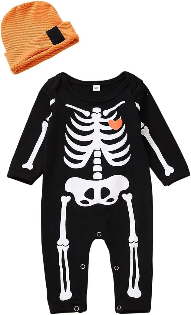 Guodeunh Newborn Baby Boy Girl Halloween Costume Romper Skeleton Jumpsuit Outfit Skull Clothes with Hat (Skull- B, 3-6 Months)