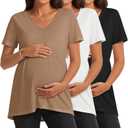 Ficerd 3 Pack Women's Maternity Shirts Short Sleeve V Neck Babydoll Blouse Pregnancy Peplum Tunic Tops Comfy Loose Shirt, S